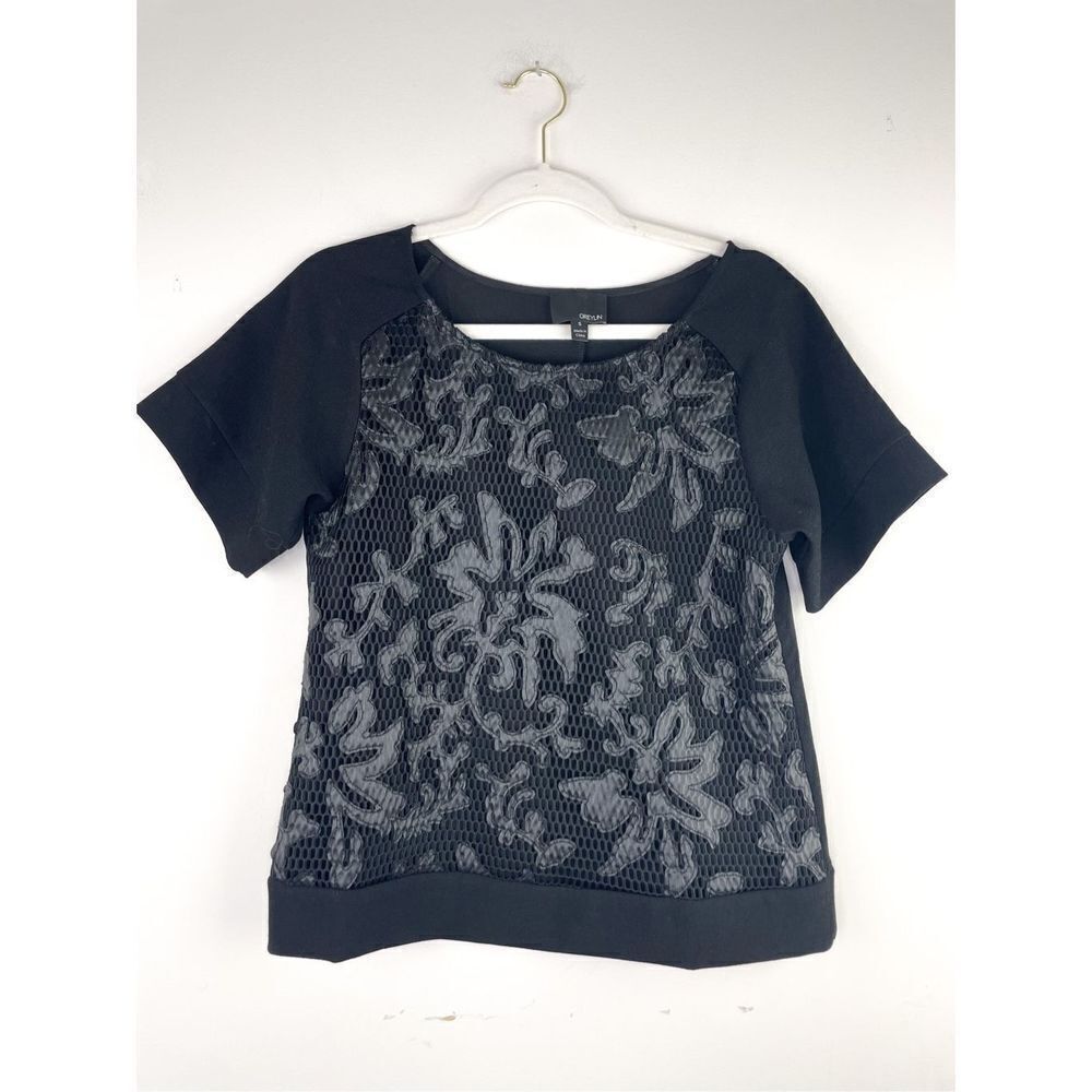 Greylin for Anthropologie Patterned Floral Faux Leather Black Dress Top Size S